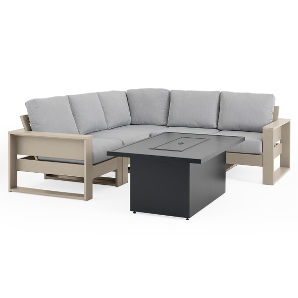 Montauk Weathered Wood Polymer with Cushions 6 Piece Modular Sectional + 52 x 32 in. Black Sintered Fire Pit Table Montauk Weathered Wood Polymer with Cushions 6 Piece Modular Sectional + 52 x 32 in. Black Sintered Fire Pit Table