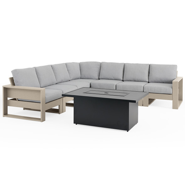 Montauk Weathered Wood Polymer with Cushions 8 Piece Modular Sectional + 52 x 32 in. Black Sintered Fire Pit Table Montauk Weathered Wood Polymer with Cushions 8 Piece Modular Sectional + 52 x 32 in. Black Sintered Fire Pit Table