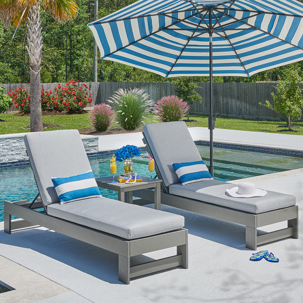 Montauk Polymer with Cushions 3 Piece Chaise Lounge Set + 23 in. Sq. End Table Montauk Polymer with Cushions 3 Piece Chaise Lounge Set + 23 in. Sq. End Table