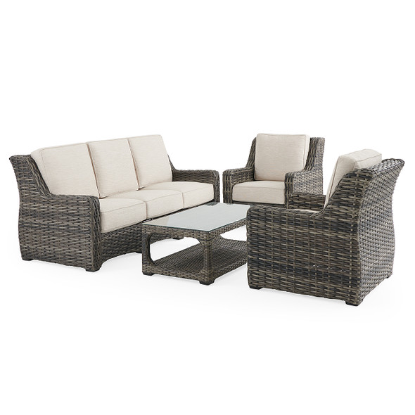 Tangiers Canola Seed Outdoor Wicker and Charmer Limestone Cushions 4 Piece Sofa Group + 46 x 26 in. Coffee Table Tangiers Canola Seed Outdoor Wicker and Charmer Limestone Cushions 4 Piece Sofa Group + 46 x 26 in. Coffee Table