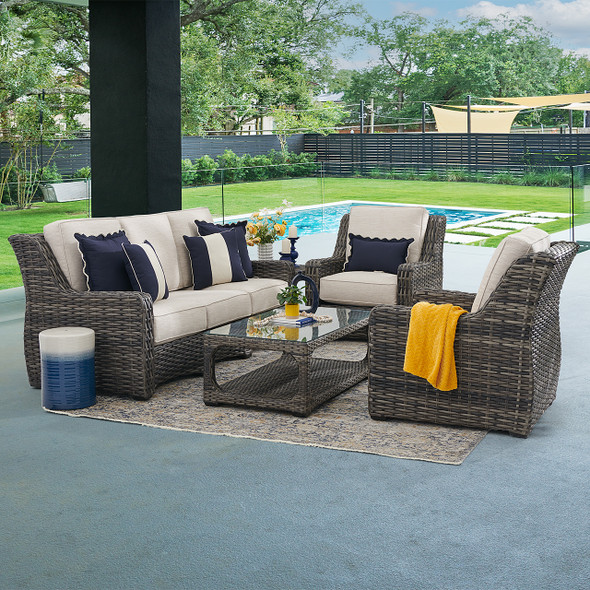 Tangiers Canola Seed Outdoor Wicker and Charmer Limestone Cushions 4 Piece Sofa Group + 46 x 26 in. Coffee Table Tangiers Canola Seed Outdoor Wicker and Charmer Limestone Cushions 4 Piece Sofa Group + 46 x 26 in. Coffee Table