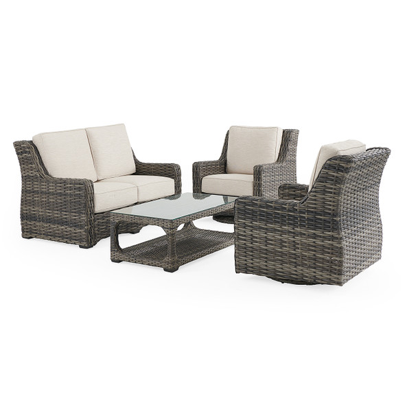 Tangiers Canola Seed Outdoor Wicker and Charmer Limestone Cushions 4 Piece Swivel Loveseat Group + 46 x 26 in. Coffee Table Tangiers Canola Seed Outdoor Wicker and Charmer Limestone Cushions 4 Piece Swivel Loveseat Group + 46 x 26 in. Coffee Table