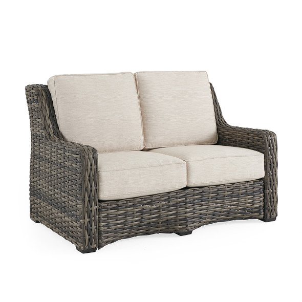 Tangiers Canola Seed Outdoor Wicker with Charmer Limestone Cushions Loveseat Tangiers Canola Seed Outdoor Wicker with Charmer Limestone Cushions Loveseat