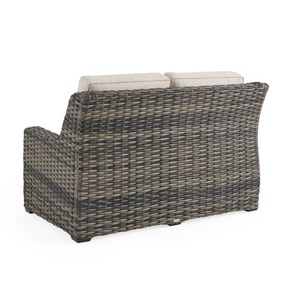Tangiers Canola Seed Outdoor Wicker with Charmer Limestone Cushions Loveseat Tangiers Canola Seed Outdoor Wicker with Charmer Limestone Cushions Loveseat
