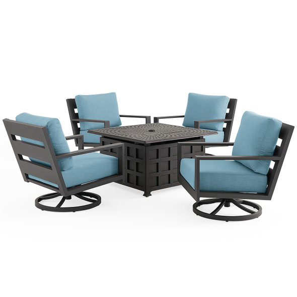 Montecito Charcoal Aluminum with Cushions 5 Piece Swivel Chat Set + 42 in. Sq. Carlisle Fire Pit Montecito Charcoal Aluminum with Cushions 5 Piece Swivel Chat Set + 42 in. Sq. Carlisle Fire Pit
