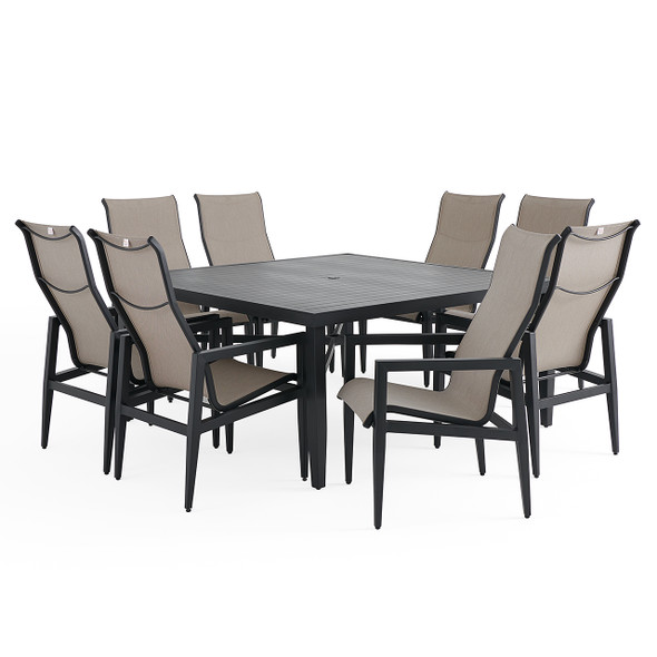 Portofino Husk Midnight Aluminum and Augustine Ash Sling 9 Piece Dining Set + 64 in. Sq. Table Portofino Husk Midnight Aluminum and Augustine Ash Sling 9 Piece Dining Set + 64 in. Sq. Table