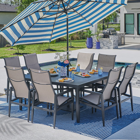 Portofino Husk Midnight Aluminum and Augustine Ash Sling 9 Piece Dining Set + 64 in. Sq. Table Portofino Husk Midnight Aluminum and Augustine Ash Sling 9 Piece Dining Set + 64 in. Sq. Table