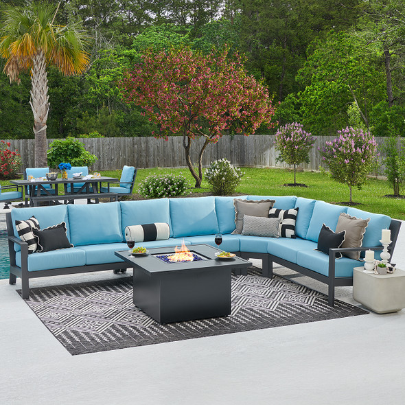 Montecito Charcoal Aluminum with Cushions 6 Piece Sectional + 42 in. Sq. Sintered Fire Pit Table Montecito Charcoal Aluminum with Cushions 6 Piece Sectional + 42 in. Sq. Sintered Fire Pit Table