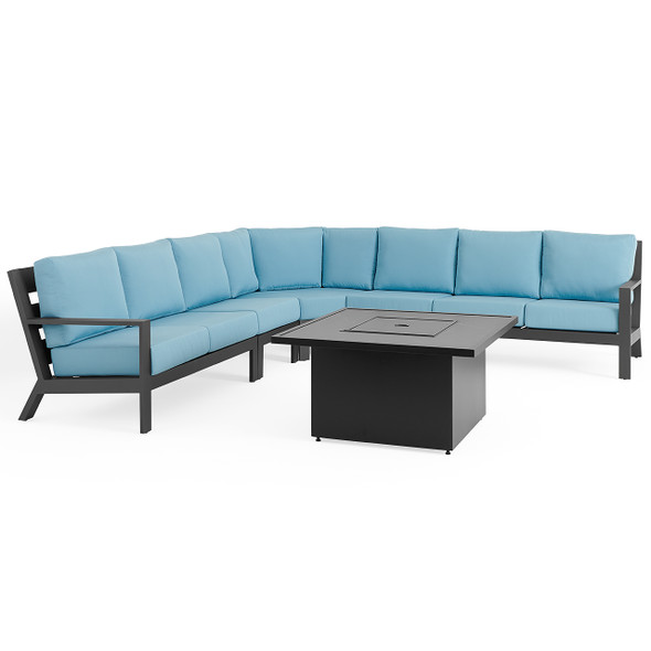 Montecito Charcoal Aluminum with Cushions 6 Piece Sectional + 42 in. Sq. Sintered Fire Pit Table Montecito Charcoal Aluminum with Cushions 6 Piece Sectional + 42 in. Sq. Sintered Fire Pit Table