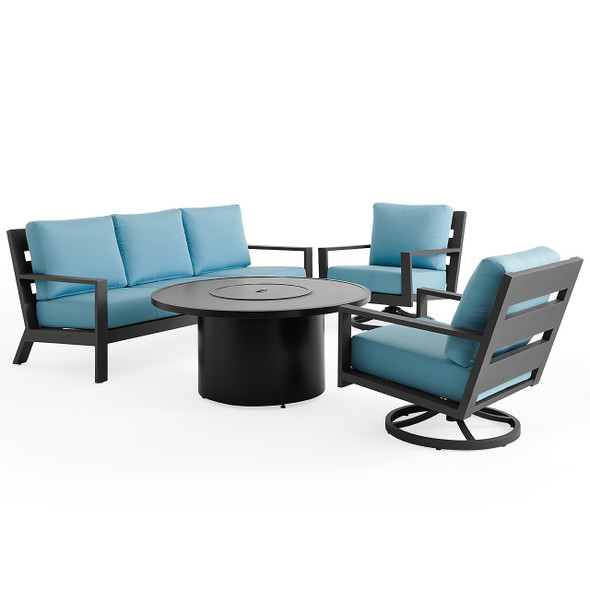 Montecito Charcoal Aluminum with Cushions 4 Piece Swivel Sofa Group + 48 in. D Sintered Fire Pit Table Montecito Charcoal Aluminum with Cushions 4 Piece Swivel Sofa Group + 48 in. D Sintered Fire Pit Table
