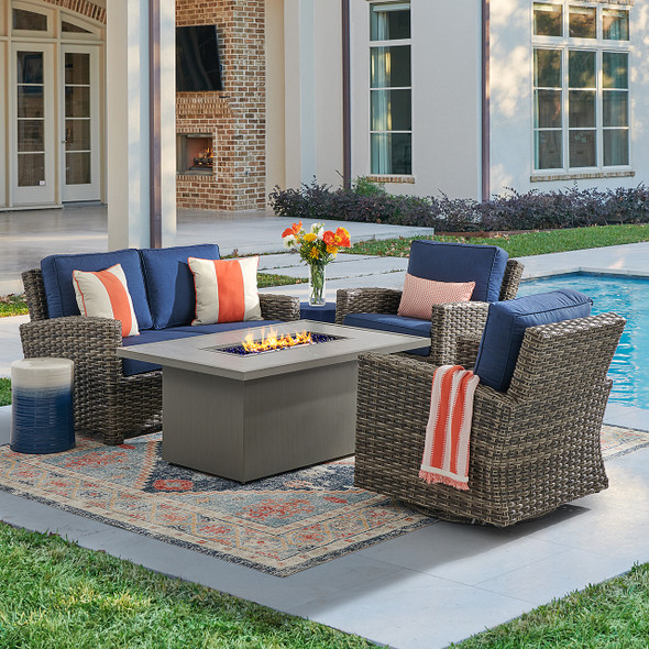 Sonoma Husk Outdoor Wicker with Cushions 4 Piece Swivel Loveseat Group + 52 x 32 in. Sintered Fire Pit Table Sonoma Husk Outdoor Wicker with Cushions 4 Piece Swivel Loveseat Group + 52 x 32 in. Sintered Fire Pit Table