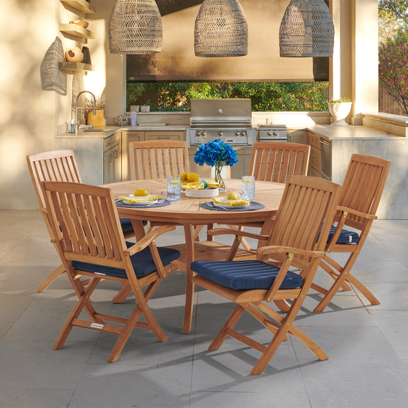 Westport Teak with Cushions 7 Piece Arm Dining Set + Bristol 59 in. D Table Westport Teak with Cushions 7 Piece Arm Dining Set + Bristol 59 in. D Table