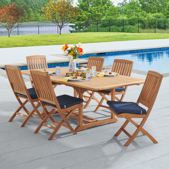 Westport Teak with Cushions 7 Piece Armless Dining Set + Bristol 67-87 x 47 in. Extension Table