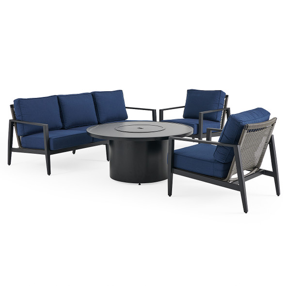 Portofino Husk Midnight Aluminum with Cushions 4 Piece Sofa Group + 48 in. D Fire Pit Table Portofino Husk Midnight Aluminum with Cushions 4 Piece Sofa Group + 48 in. D Fire Pit Table