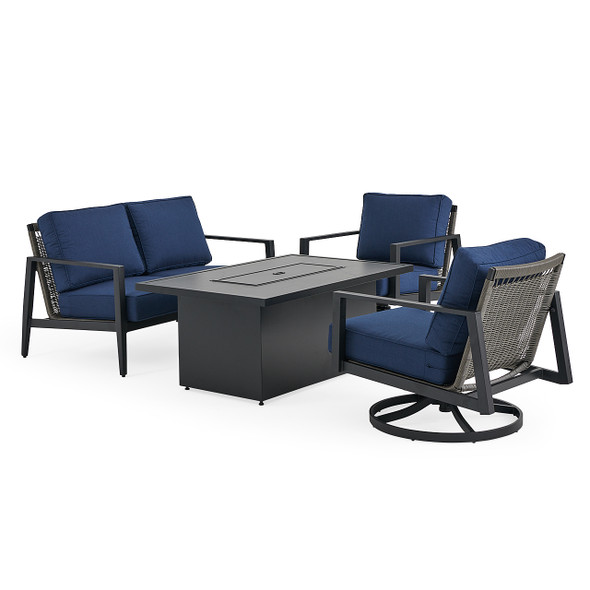 Portofino Husk Midnight Aluminum with Cushions 4 Piece Swivel Loveseat Group + 52 x 32 in. Fire Pit Table Portofino Husk Midnight Aluminum with Cushions 4 Piece Swivel Loveseat Group + 52 x 32 in. Fire Pit Table