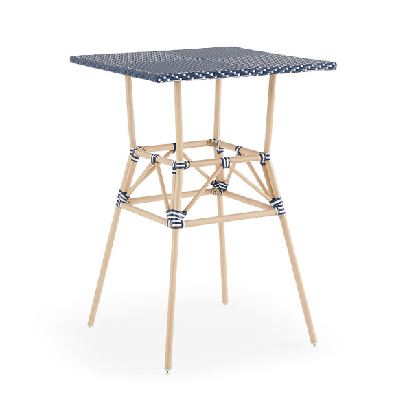 Parisian Cafe Cane Aluminum 30 in. with Navy and White Outdoor Wicker Bar Table