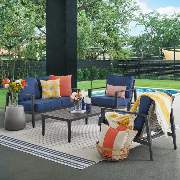 Portofino Husk Midnight Aluminum with Cushions 4 Piece Loveseat Group + 48 x 26 in. Coffee Table Portofino Husk Midnight Aluminum with Cushions 4 Piece Loveseat Group + 48 x 26 in. Coffee Table