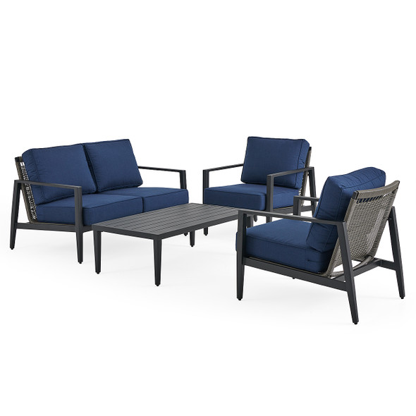 Portofino Husk Midnight Aluminum with Cushions 4 Piece Loveseat Group + 48 x 26 in. Coffee Table Portofino Husk Midnight Aluminum with Cushions 4 Piece Loveseat Group + 48 x 26 in. Coffee Table