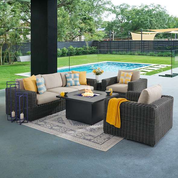 Laguna Smoke Outdoor Wicker with Cushions 4 Piece Sofa Group + 42 in. Sq. Fire Pit Table Laguna Smoke Outdoor Wicker with Cushions 4 Piece Sofa Group + 42 in. Sq. Fire Pit Table