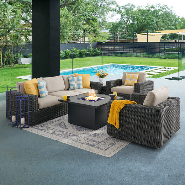 Laguna Smoke Outdoor Wicker with Cushions 4 Piece Swivel Sofa Group + 42 in. Sq. Fire Pit Table Laguna Smoke Outdoor Wicker with Cushions 4 Piece Swivel Sofa Group + 42 in. Sq. Fire Pit Table