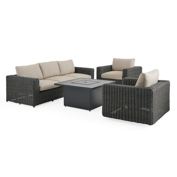 Laguna Smoke Outdoor Wicker with Cushions 4 Piece Swivel Sofa Group + 42 in. Sq. Fire Pit Table