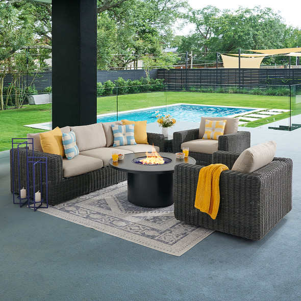 Laguna Smoke Outdoor Wicker with Cushions 4 Piece Swivel Sofa Group + 48 in. D Fire Pit Table Laguna Smoke Outdoor Wicker with Cushions 4 Piece Swivel Sofa Group + 48 in. D Fire Pit Table