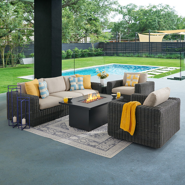 Laguna Smoke Outdoor Wicker with Cushions 4 Piece Swivel Sofa Group + 52 x 32 in. D Fire Pit Table Laguna Smoke Outdoor Wicker with Cushions 4 Piece Swivel Sofa Group + 52 x 32 in. D Fire Pit Table