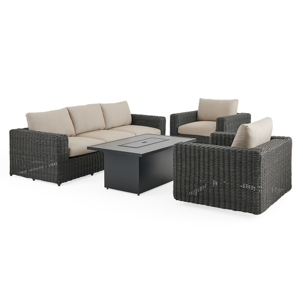 Laguna Smoke Outdoor Wicker with Cushions 4 Piece Swivel Sofa Group + 52 x 32 in. D Fire Pit Table Laguna Smoke Outdoor Wicker with Cushions 4 Piece Swivel Sofa Group + 52 x 32 in. D Fire Pit Table