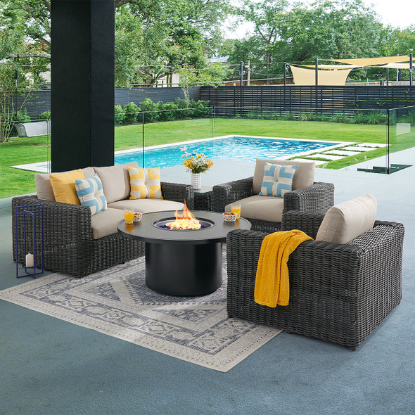 Laguna Smoke Outdoor Wicker with Cushions 4 Piece Loveseat Group + 48 in. D Fire Pit Table Laguna Smoke Outdoor Wicker with Cushions 4 Piece Loveseat Group + 48 in. D Fire Pit Table
