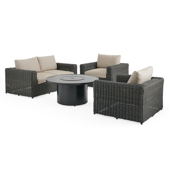 Laguna Smoke Outdoor Wicker with Cushions 4 Piece Loveseat Group + 48 in. D Fire Pit Table Laguna Smoke Outdoor Wicker with Cushions 4 Piece Loveseat Group + 48 in. D Fire Pit Table