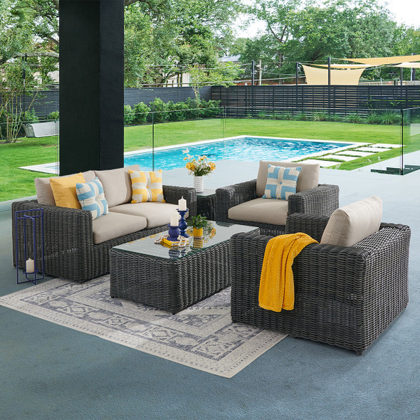 Laguna Smoke Outdoor Wicker with Cushions 4 Piece Loveseat Group + 56 x 29 in. Coffee Table Laguna Smoke Outdoor Wicker with Cushions 4 Piece Loveseat Group + 56 x 29 in. Coffee Table