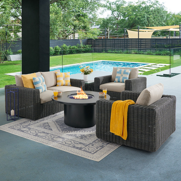Laguna Smoke Outdoor Wicker with Cushions 4 Piece Swivel Loveseat Group + 48 in. D Fire Pit Table Laguna Smoke Outdoor Wicker with Cushions 4 Piece Swivel Loveseat Group + 48 in. D Fire Pit Table