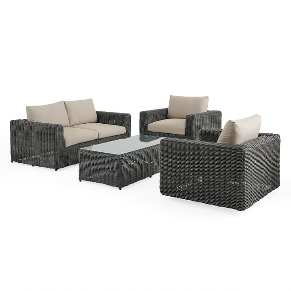 Laguna Smoke Outdoor Wicker with Cushions 4 Piece Swivel Loveseat Group + 56 x 29 in. Coffee Table Laguna Smoke Outdoor Wicker with Cushions 4 Piece Swivel Loveseat Group + 56 x 29 in. Coffee Table