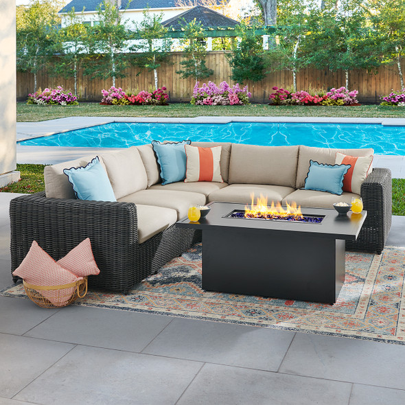 Laguna Smoke Outdoor Wicker with Cushions 4 Piece Sectional + 52 x 32 in. D Fire Pit Table Laguna Smoke Outdoor Wicker with Cushions 4 Piece Sectional + 52 x 32 in. D Fire Pit Table