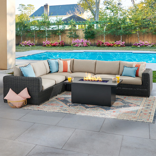 Laguna Smoke Outdoor Wicker with Cushions 5 Piece Sectional + 55 x 32 in. D Fire Pit Table Laguna Smoke Outdoor Wicker with Cushions 5 Piece Sectional + 55 x 32 in. D Fire Pit Table