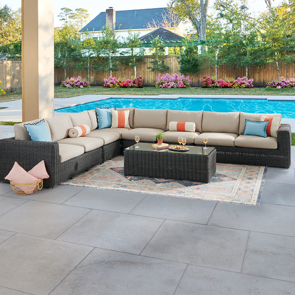 Laguna Smoke Outdoor Wicker with Cushions 7 Piece Sectional + 56 x 29 in. Coffee Table Laguna Smoke Outdoor Wicker with Cushions 7 Piece Sectional + 56 x 29 in. Coffee Table