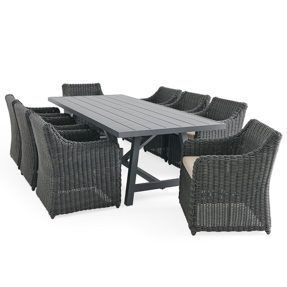 Laguna Smoke Outdoor Wicker with Cushions 9 Piece Dining Set + Montecito 100 x 40 in. Table Laguna Smoke Outdoor Wicker with Cushions 9 Piece Dining Set + Montecito 100 x 40 in. Table
