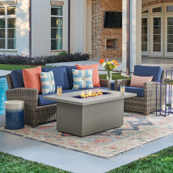 Sonoma Husk Outdoor Wicker with Cushions 3 Piece Sofa Group + 52 x 32 in. Sintered Fire Pit Table