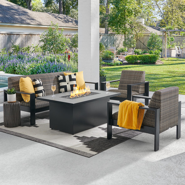 Chelsea Textured Black Aluminum and Weathered Teak Outdoor Wicker Concealed Cushions 4 Piece Sofa Group + 52 x 32 in. Fire Pit Table Chelsea Textured Black Aluminum and Weathered Teak Outdoor Wicker Concealed Cushions 4 Piece Sofa Group + 52 x 32 in. Fire Pit Table