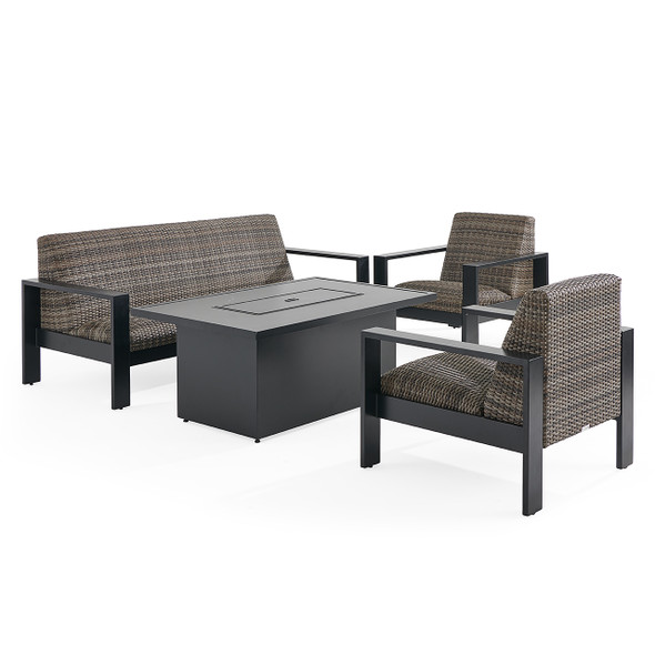 Chelsea Textured Black Aluminum and Weathered Teak Outdoor Wicker Concealed Cushions 4 Piece Sofa Group + 52 x 32 in. Fire Pit Table Chelsea Textured Black Aluminum and Weathered Teak Outdoor Wicker Concealed Cushions 4 Piece Sofa Group + 52 x 32 in. Fire Pit Table