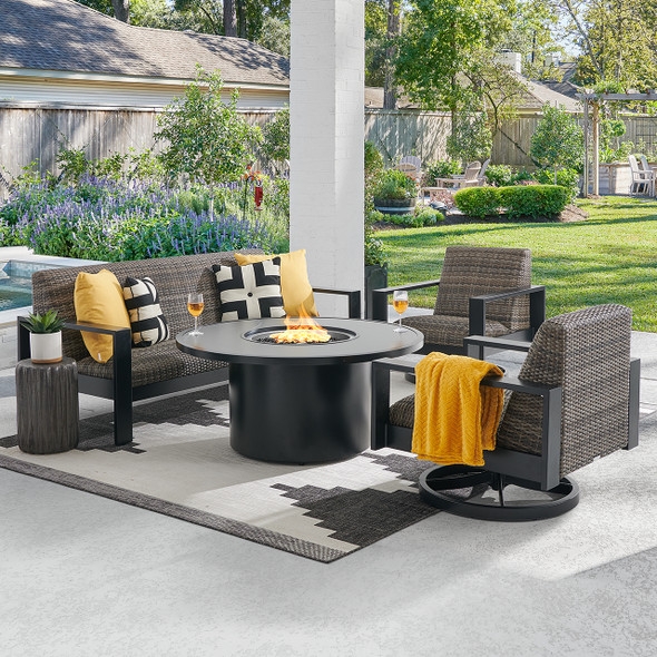 Chelsea Textured Black Aluminum and Weathered Teak Outdoor Wicker Concealed Cushions 4 Piece Swivel Sofa Group + 48 in. D Fire Pit Table Chelsea Textured Black Aluminum and Weathered Teak Outdoor Wicker Concealed Cushions 4 Piece Swivel Sofa Group + 48 in. D Fire Pit Table
