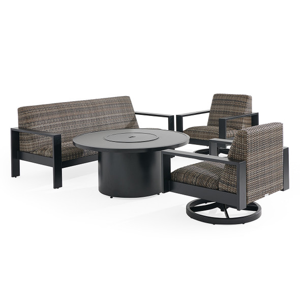 Chelsea Textured Black Aluminum and Weathered Teak Outdoor Wicker Concealed Cushions 4 Piece Swivel Sofa Group + 48 in. D Fire Pit Table Chelsea Textured Black Aluminum and Weathered Teak Outdoor Wicker Concealed Cushions 4 Piece Swivel Sofa Group + 48 in. D Fire Pit Table