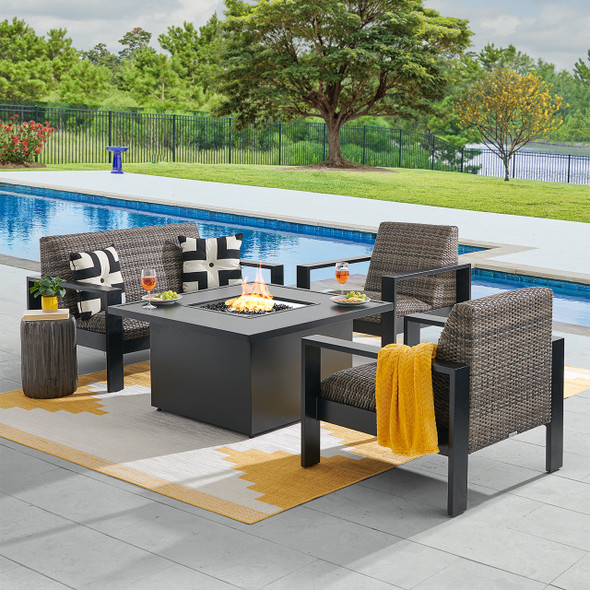 Chelsea Textured Black Aluminum and Weathered Teak Outdoor Wicker Concealed Cushions 4 Piece Loveseat Group + 42 in. Sq. Fire Pit Table Chelsea Textured Black Aluminum and Weathered Teak Outdoor Wicker Concealed Cushions 4 Piece Loveseat Group + 42 in. Sq. Fire Pit Table
