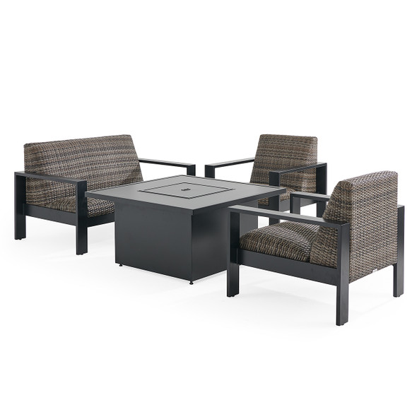 Chelsea Textured Black Aluminum and Weathered Teak Outdoor Wicker Concealed Cushions 4 Piece Loveseat Group + 42 in. Sq. Fire Pit Table Chelsea Textured Black Aluminum and Weathered Teak Outdoor Wicker Concealed Cushions 4 Piece Loveseat Group + 42 in. Sq. Fire Pit Table