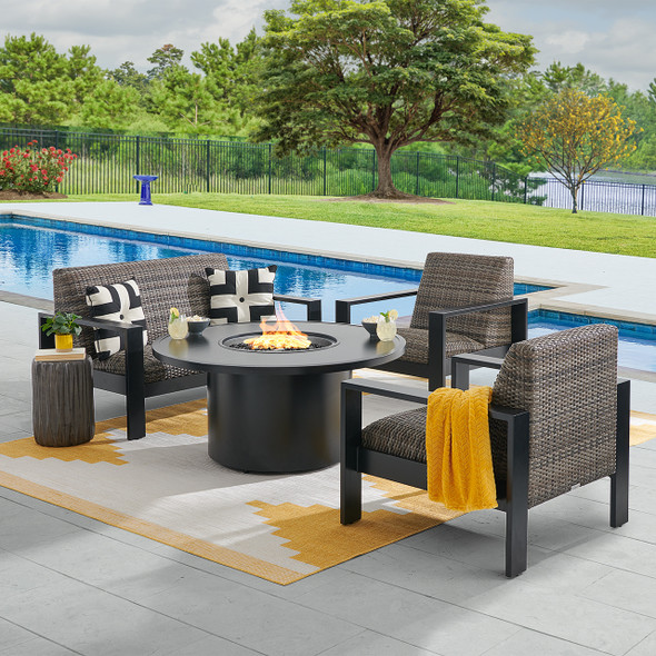 Chelsea Textured Black Aluminum and Weathered Teak Outdoor Wicker Concealed Cushions 4 Piece Loveseat Group + 48 in. D Fire Pit Table Chelsea Textured Black Aluminum and Weathered Teak Outdoor Wicker Concealed Cushions 4 Piece Loveseat Group + 48 in. D Fire Pit Table