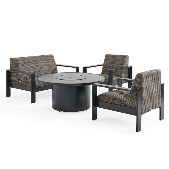 Chelsea Textured Black Aluminum and Weathered Teak Outdoor Wicker Concealed Cushions 4 Piece Loveseat Group + 48 in. D Fire Pit Table Chelsea Textured Black Aluminum and Weathered Teak Outdoor Wicker Concealed Cushions 4 Piece Loveseat Group + 48 in. D Fire Pit Table