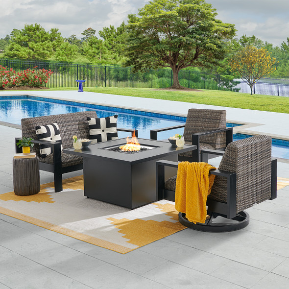Chelsea Textured Black Aluminum and Weathered Teak Outdoor Wicker Concealed Cushions 4 Piece Swivel Loveseat Group + 42 in. Sq. Fire Pit Table Chelsea Textured Black Aluminum and Weathered Teak Outdoor Wicker Concealed Cushions 4 Piece Swivel Loveseat Group + 42 in. Sq. Fire Pit Table