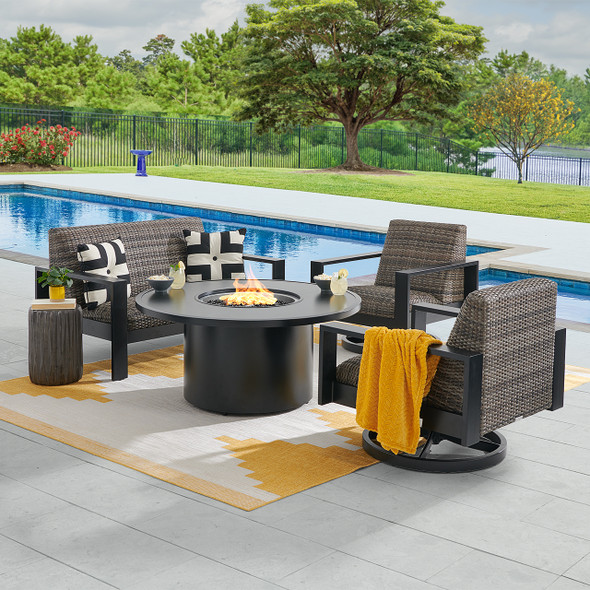 Chelsea Textured Black Aluminum and Weathered Teak Outdoor Wicker Concealed Cushions 4 Piece Swivel Loveseat Group + 48 in. D Fire Pit Table Chelsea Textured Black Aluminum and Weathered Teak Outdoor Wicker Concealed Cushions 4 Piece Swivel Loveseat Group + 48 in. D Fire Pit Table