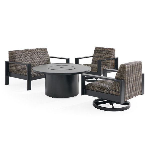 Chelsea Textured Black Aluminum and Weathered Teak Outdoor Wicker Concealed Cushions 4 Piece Swivel Loveseat Group + 48 in. D Fire Pit Table Chelsea Textured Black Aluminum and Weathered Teak Outdoor Wicker Concealed Cushions 4 Piece Swivel Loveseat Group + 48 in. D Fire Pit Table