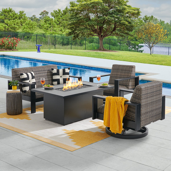 Chelsea Textured Black Aluminum and Weathered Teak Outdoor Wicker Concealed Cushions 4 Piece Swivel Loveseat Group + 52 x 32 in. Fire Pit Table Chelsea Textured Black Aluminum and Weathered Teak Outdoor Wicker Concealed Cushions 4 Piece Swivel Loveseat Group + 52 x 32 in. Fire Pit Table